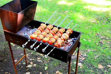 Image with fried meat, tomato and onionの写真素材