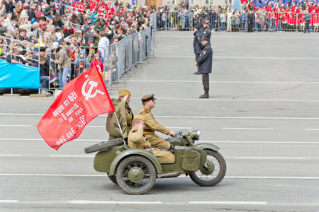 Samara, Russia - May 9, 2015: Russian military motorcycles at the parade on annual Victory Day