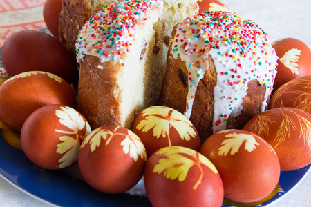 Photo of background with Easter eggs and Kulichの写真素材