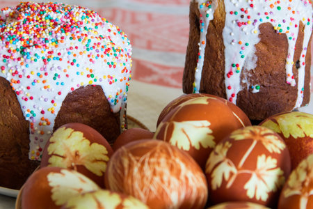 Photo of background with Easter eggs and Kulich