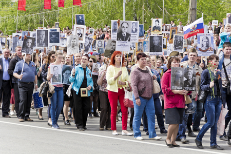 SAMARA, RUSSIA - MAY 9, 2017:  Procession of the people in Immortal Regiment on annual Victory Day, May, 9, 2017 in Samara, Russiaのeditorial素材