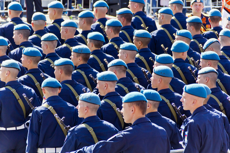 SAMARA, RUSSIA - MAY 9, 2016: Russian soldiers march at the parade on annual Victory Day, May, 9, 2016 in Samara, Russia.のeditorial素材