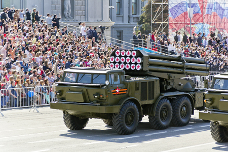 SAMARA, RUSSIA - MAY 9, 2016: Russian military transport at the parade on annual Victory Day, May, 9, 2016 in Samara, Russia.のeditorial素材