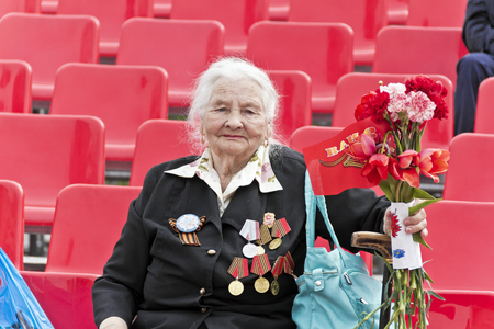 SAMARA, RUSSIA - MAY 9, 2017: Woman is Russian veteran on celebration at the parade annual Victory Day, May, 9, 2017 in Samara, Russiaのeditorial素材