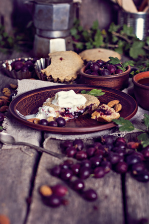 Pie with gooseberry. Rustic style. pie with fresh garden berries over grunge rusty metal background, Summer pie with berries.の写真素材