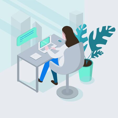 Vector isometric illustration. A young girl, brunette, in the office working at the computer, looking at the monitor, typing. On the table is a notebook and a phone. Isometric perspective.のイラスト素材