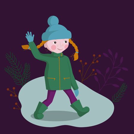 Little cute red-haired girl on a walk in winter. The girl waves her hand in greeting. Vector illustration on a dark purple background.のイラスト素材