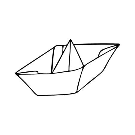 Origami boat isolated on a white background. Black outline. Hand-drawn coloring book for adults and children. Japanese style. Design of t-shirts, postcards, flyers, brochures. Vector illustration.のイラスト素材