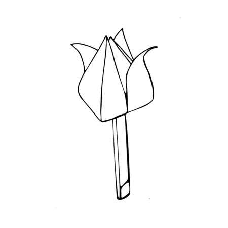 Origami tulip isolated on white background. Black outline. Hand-drawn coloring bookのイラスト素材