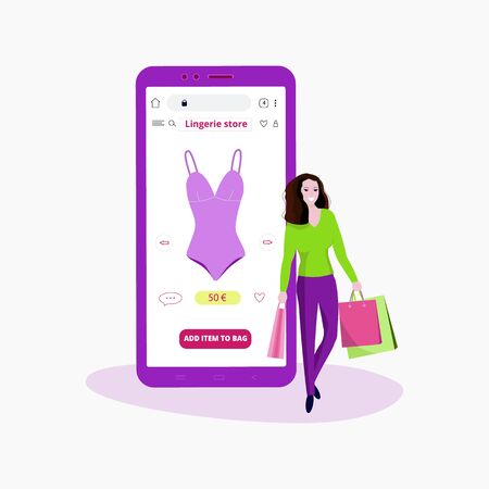 A woman buys underwear in an online store. Smartphone with underwear on screen. Modern flat vector illustration concept of woman shopping online.のイラスト素材