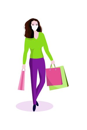 A young girl in a medical face mask with shopping bags. Vector illustration in flat style isolated on a white background.のイラスト素材