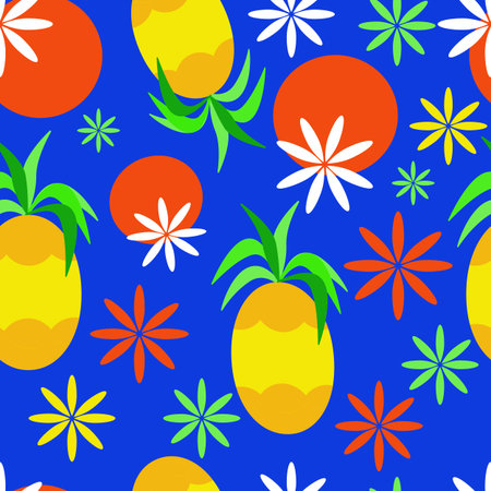 Seamless tropical fruits pattern. Exotic background with pineapples, oranges and flowers on a blue...