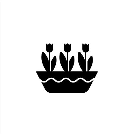 Tulips in a horizontal pot glyph icon. Solid vector black icon Solid vector black icon isolated on a white background. Logo illustration. Symbol of a garden or farm.のイラスト素材