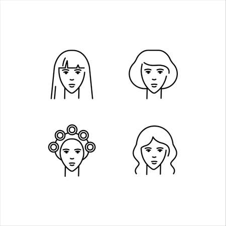 Womens hairstyles. Perm, styling, straightened hair. A set of vector icons in the outline style, isolated on a white background. Logo illustration.のイラスト素材