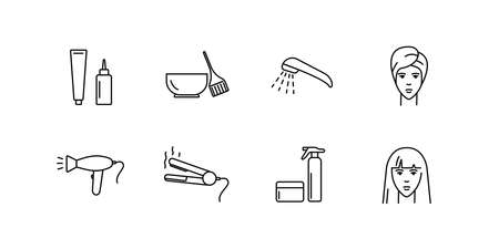 Hair coloring, care, styling vector icon set. Black outline isolated on a white background. Accessories for hairdressers. Logo illustration.のイラスト素材
