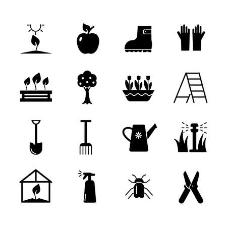 Gardening icon set. Solid vector black icon isolated on a white background. Logo illustration. Symbol of a garden or farm.のイラスト素材
