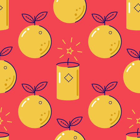 Holiday, Chinese New Year seamless vector pattern. Oranges and sparklers on a red background.のイラスト素材