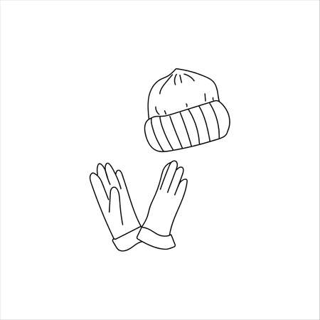 Warm hat and gloves. Illustration in Doodle style. Symbols of a cozy autumn and winter. Black outline isolated on a white backgroundのイラスト素材