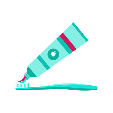 Toothbrush with toothpaste. Dental and gum hygiene. Care for the oral cavity. Vector illustration in a flat style isolated on a white backgroundのイラスト素材