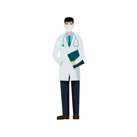 Confident professional doctor man in a face mask. European medical worker. Healthcare provider. Vector illustration in a flat style isolated on a white backgroundのイラスト素材