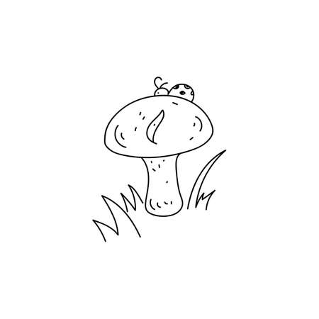 Mushroom in the grass. Vector illustration in a hand-drawn style isolated on a white background. A ladybug is sitting on a mushroom. Black outlineのイラスト素材