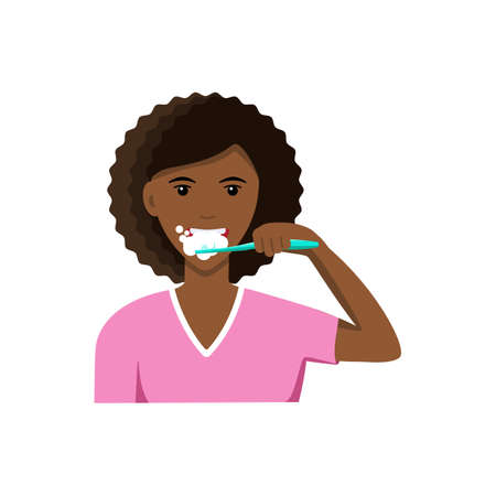 Cute young afroamerican woman brushing her teeth. Oral hygiene and dental procedures concept. Vector illustration in a flat style isolated on a white backgroundのイラスト素材