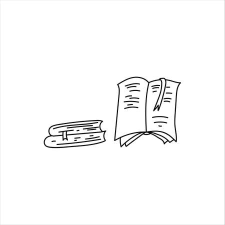 An open book with a bookmark and a stack of two closed books. Back to school design elements. Doodle element. Simple hand drawn vector sketch illustration isolated on a white backgroundのイラスト素材