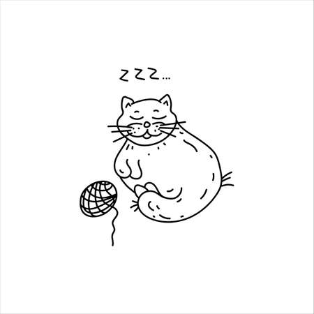 Sleeping funny cat and a ball of wool. Cute sketch animal. Doodle element. Simple hand drawn vector sketch illustration isolated on a white backgroundのイラスト素材