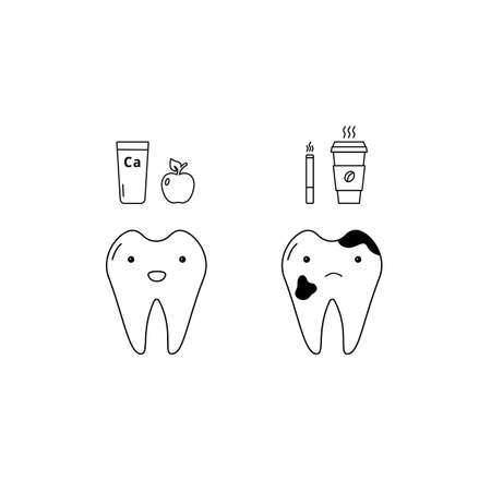 A healthy white tooth and a bad tooth. Good and bad habits. Proper nutrition for healthy and beautiful teeth. Black outline icon isolated on a white background. For web design, mobile, uiのイラスト素材