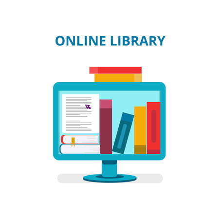 Online library. Laptop screen with books. Online reading, internet bookstore, E-library, remote training classes service.のイラスト素材