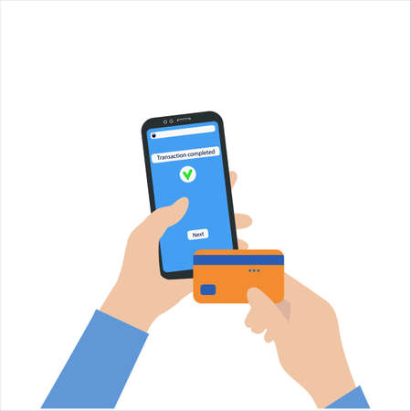Money transaction online concept. Mobile payments using a smartphone. Hands hold a mobile phone and Bank card. Vector illustration in a trendy flat style isolated on a white backgroundのイラスト素材