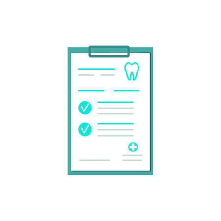 Clipboard with the teeth icon and dental clinic report on a white paper form. Clinical record, prescription, claim, medical report, health insurance form. Modern flat design. Vector illustrationのイラスト素材