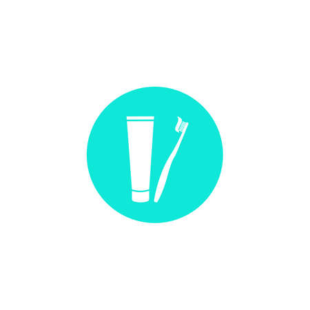 Toothpaste and toothbrush with paste. Simple vector icon isolated. White silhouette on a blue background. Dental and oral careのイラスト素材