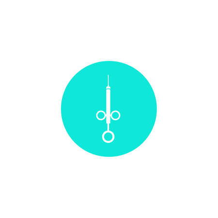 Syringe injection icon. Dental instrument. Treatment, prosthetics of teeth. Dental anesthesia simple vector icon isolated. . White silhouette on a blue backgroundのイラスト素材