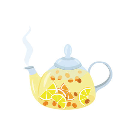 Teapot with fruit tea. Hot tea with slices of fresh lemon, orange, sea buckthorn berries. A warming drink. Tea time, Breakfast. Vector illustration in flat style isolated on a white backgroundのイラスト素材