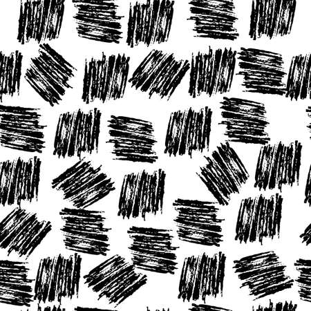 Hand-drawn seamless pattern with black squares. Grunge vector background. Drawing with a black marker on a white background. Texture for printing, Wallpaper, home decor, textiles, packaging paperの写真素材