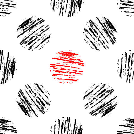 Grunge circles vector seamless pattern. Drawn background with black and red circles. Geometric abstract texture. Texture for printing, Wallpaper, home decor, textiles, packaging paperのイラスト素材