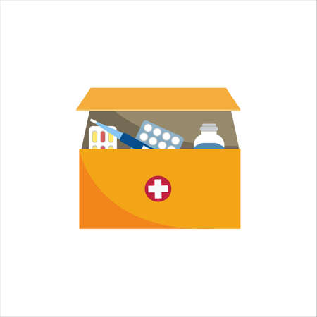 A box of medicines. Thermometer and pharmaceutical products in tablets, capsules, bottles with liquids. First medical aid. Vector illustration in a flat style, isolated on a white backgroundのイラスト素材
