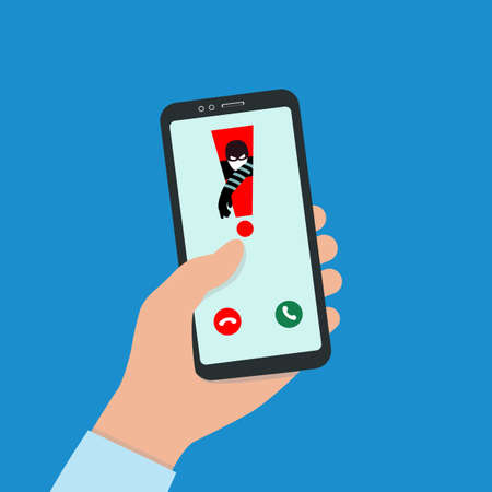 A Hacker Hacks A Smartphone. Spam Call to your Smartphone. The concept of spam data, insecure connection, online fraud and malware through fake calls, phishing, social engineering.のイラスト素材