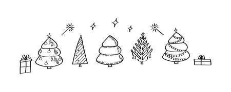 Hand-drawn set of Christmas trees with gifts, garlands, Christmas balls, sparklers. Sketch style doodle. Christmas design. Vector illustration isolated on a white backgroundのイラスト素材