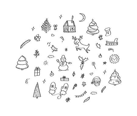 Doodle Set of Christmas elements. New Year and winter holidays. Hand-drawn design for prints, postcards, and textiles. Vector illustration of a sketch isolated on a white background.のイラスト素材