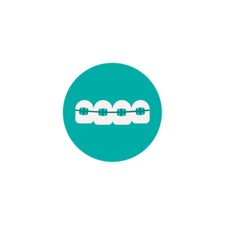 Orthodontic treatment with dental braces icon. The process of teeth alignment. Vector illustration in a flat style, isolated on a blue backgroundのイラスト素材