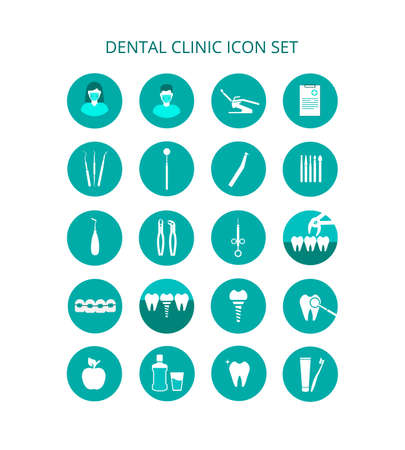 Dental clinic icon set. Vector icons of dental clinic services. Tools for examination, treatment and removal of teeth. Orthodontics, oral care and hygiene. Dental restoration, the staff of the clinicのイラスト素材