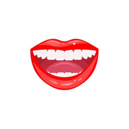 Open smiling female mouth with healthy white teeth. Close-up of red glowing sensual lips. Dental health care. Lip makeup. Vector illustration isolated on a white backgroundのイラスト素材