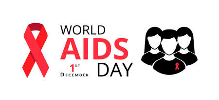 World AIDS day. Red ribbon and a group of people. Symbols of Aids Awareness, unity, togetherness and hope. A sign of medical prevention. Horizontal banner. Vector illustration isolatedのイラスト素材