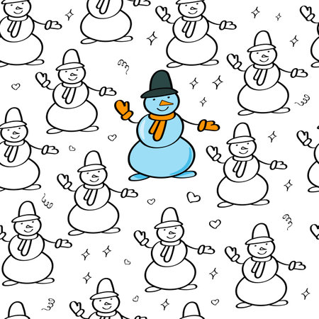 Happy Snowmen Doodle pattern. Winter holiday hand-drawn background. Christmas and New year. Black outline on a white background. Vector illustration in sketch styleのイラスト素材