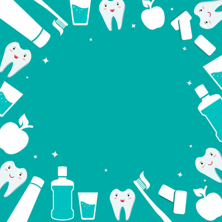 Dental and oral care frame. Items for daily hygiene of the oral cavity. Mouthwash and toothbrush with paste, Apple, chewing gum, white healthy teeth. Vector flat isolated icons on a blue backgroundのイラスト素材