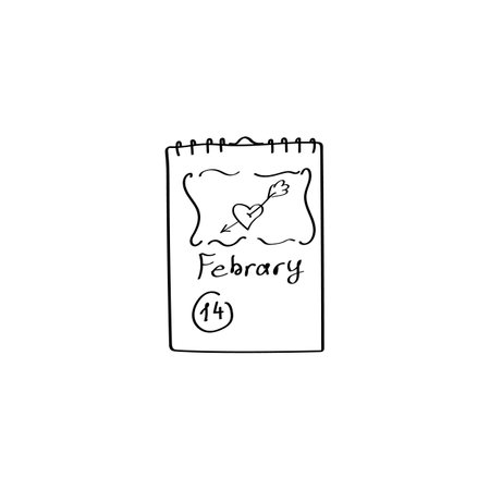 Flip calendar with the marked date of Valentines day. Love Doodle element. Hand-drawn vector calendar. Simple linear style. Black outline isolated on a white backgroundのイラスト素材