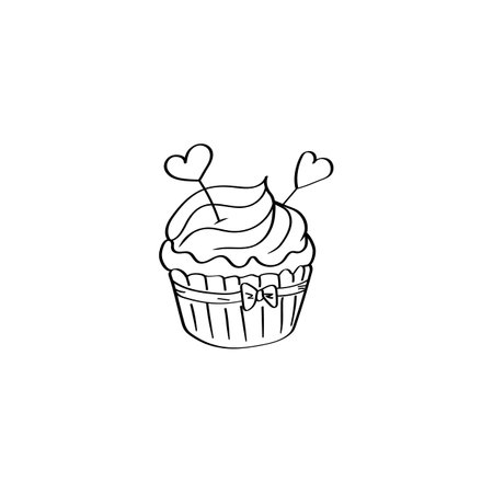 Cupcake Valentines day. Doodle cupcake. Hand-drawn vector elegant frame with hearts for greeting cards, banners, invitations or headlines. Black outline isolated on a white backgroundのイラスト素材