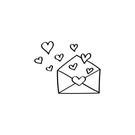 Hand-drawn Envelope with hearts. Love letter Doodle illustration. Valentines day vector design element for greeting cards, invitations. Black outline isolated on a white backgroundのイラスト素材